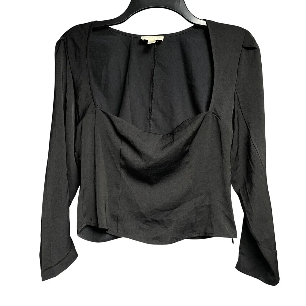 Open Edit Black Long Sleeve Sweetheart Neckline Blouse Top Size S - Picture 1 of 5